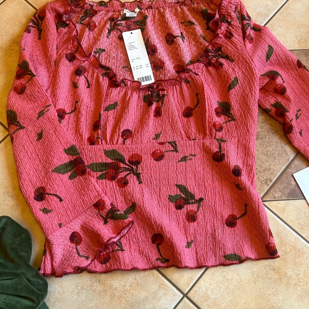 Kimchi Blue Cherry Print Pink Blouse